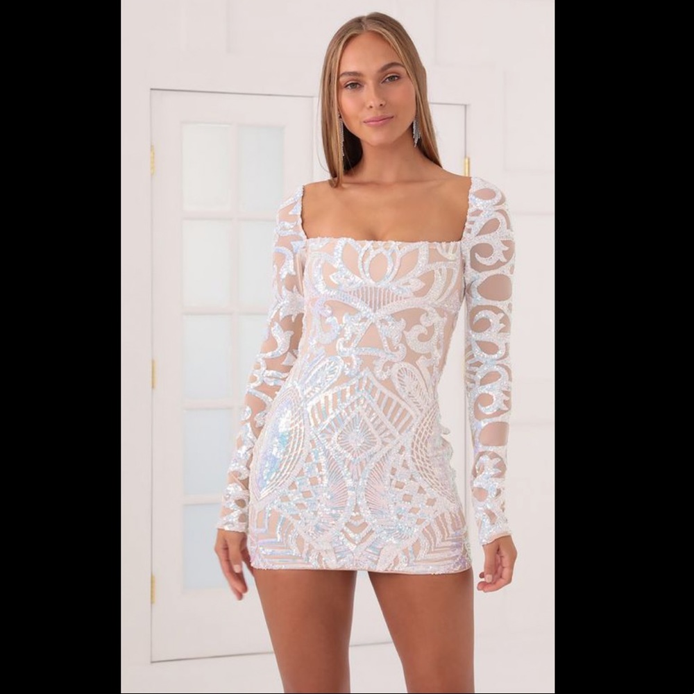 Lucy in the Sky Iradescent Sequin Mesh Dress in Nude